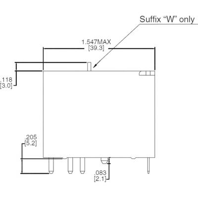 Elektromos diagram: Dobozméret hüvelykben és mm-ben. Teljes szélesség: 1,547 hüvelyk (39,3 mm), magasság: 0,118 hüvelyk (3,0 mm), mélység: 0,205 hüvelyk (5,2 mm).