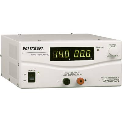 Fehér Voltcraft hálózati tápegység SPS 1540 PFC digitális kijelzővel, feszültség- és áramértékek megjelenítésével. Főkapcsoló balra lent.