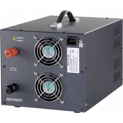 Fekete tápegység két ventilátorral, fogantyúval és több csatlakozóval, beleértve a piros és fekete csatlakozókapcsokat.