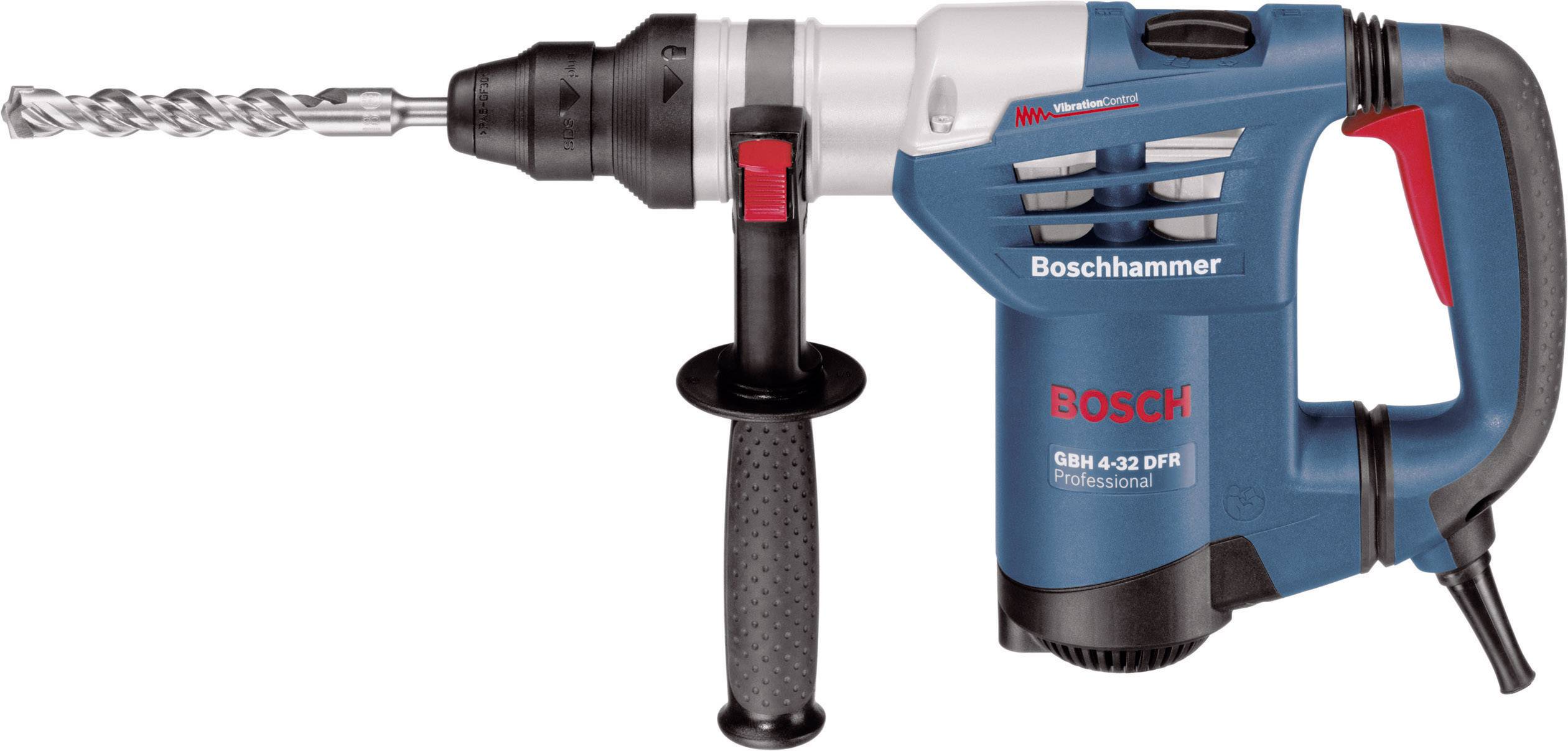 Kék és fekete fúrókalapács piros kapcsolóval, alkalmas építkezési munkálatokhoz. Felirat: 'Boschhammer GBH 4-32 DFR Professional'.