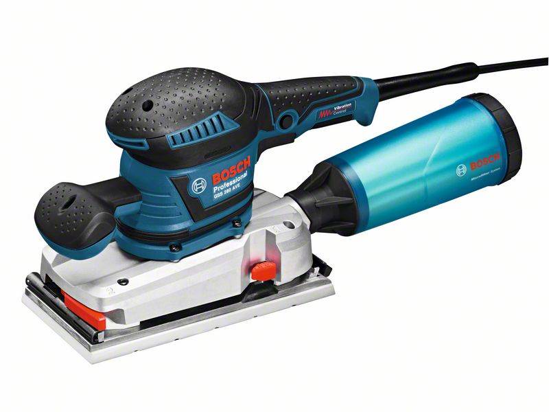Bosch PSS 200 AC elektromos rezgőcsiszoló, kék-fekete, piros gombbal, oldalán elhelyezett porgyűjtő tartállyal.