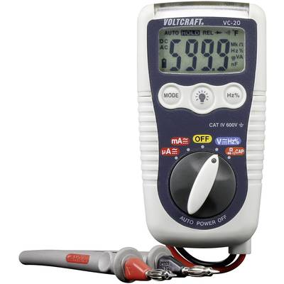 Digitális multiméter kijelzővel, '599.0' kijelzéssel, forgótárcsás funkcióválasztóval és mérővezetékekkel. Alkalmas különböző elektromos mérések elvégzésére.