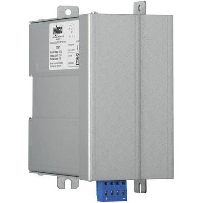 WAGO ezüstszínű elektromos modulja csatlakozókkal, amely műszaki rendszerekbe történő integrálásra lett tervezve.