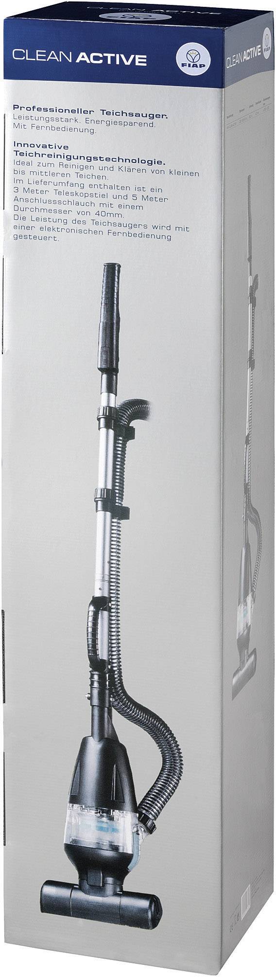 'Clean Active' porszívó csomagolás; egy fekete, karcsú porszívót mutat teleszkópos szívócsővel és modern dizájnnal. Allergiásoknak ajánlott.