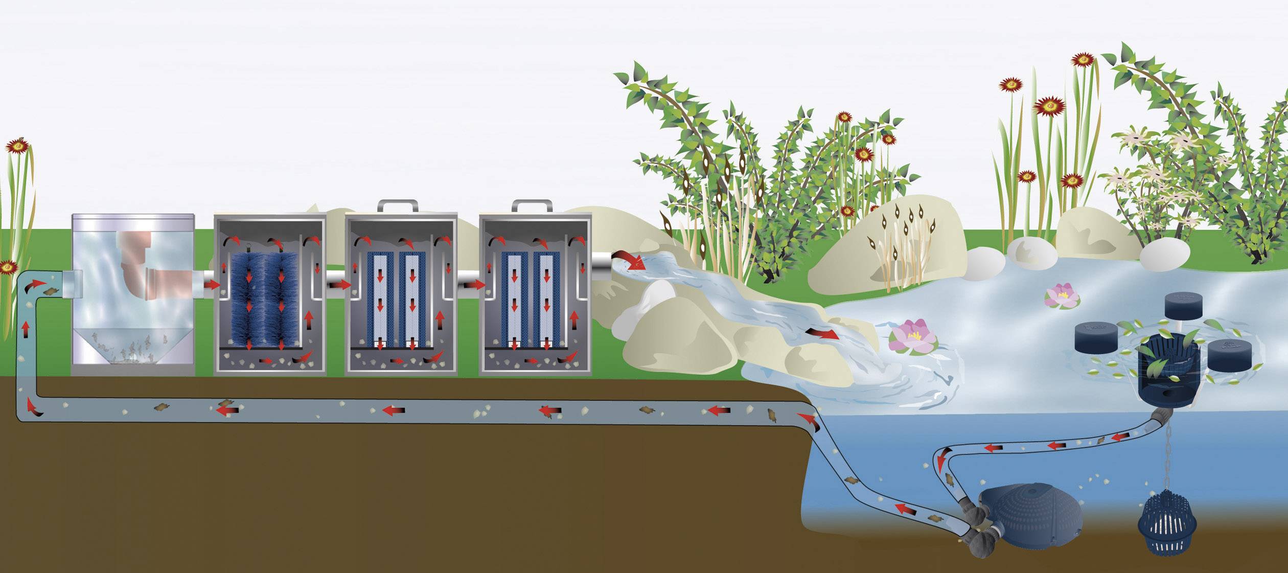 A diagram bemutatja egy tó szűrőrendszerét, amelyben szivattyúk és növények segítségével történik a víztisztítás. A víz több szűrőn keresztül jut vissza a tóba.