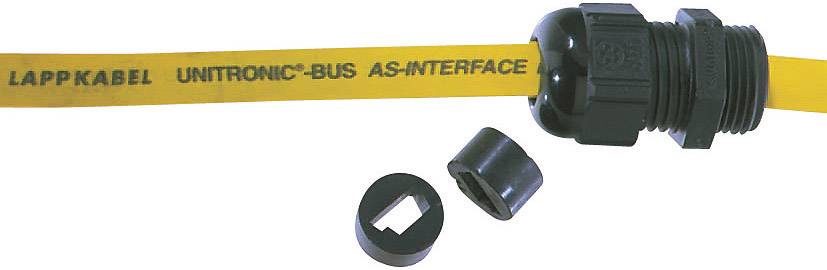 Sárga UNITRONIC-BUS kábel 'LAPP KABEL' felirattal. A kábel egy fekete kábelátvezető rendszerhez csatlakozik, két fekete tömítőgyűrű övezi.