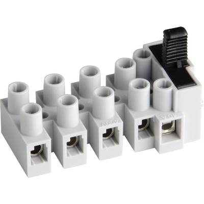 Egy fehér műanyag sorkapocs öt csatlakozóval, amelyek közül az egyik fekete karral rendelkezik. Elektromos csatlakozásokhoz használják.