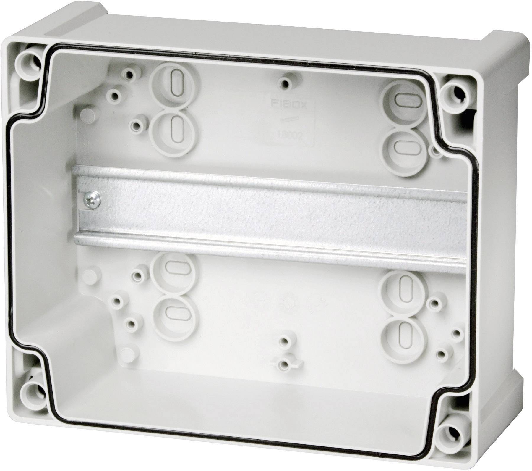 Egy téglalap alakú, üres műanyag elosztódoboz rögzítési lehetőségekkel az oldalain és egy fém sínnel a közepén.