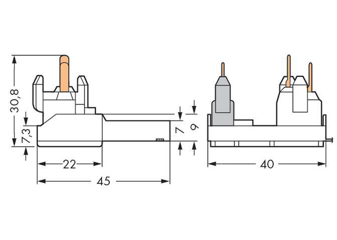 Műszaki rajz egy elektromos csatlakozóról méretekkel: 45 mm hosszúság, 40 mm szélesség, 7,3 mm és 9 mm magasság.