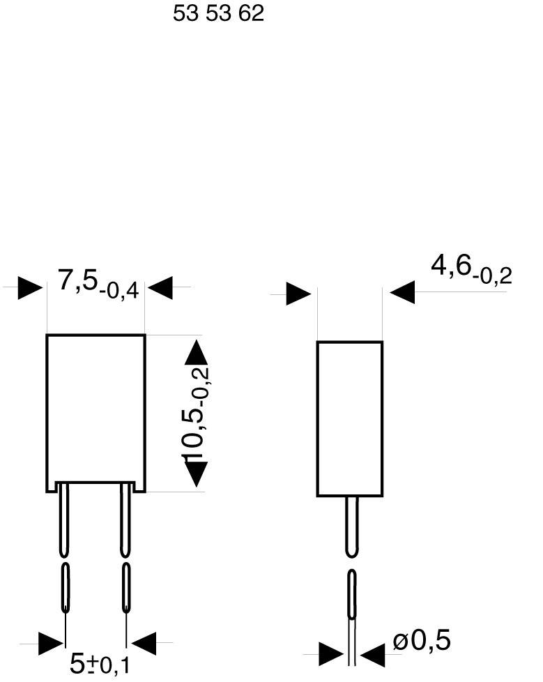 Műszaki rajz egy elektronikai alkatrészről méretekkel: szélesség 7,5 mm, magasság 10,5 mm, mélység 4,6 mm, pin átmérő 0,5 mm.