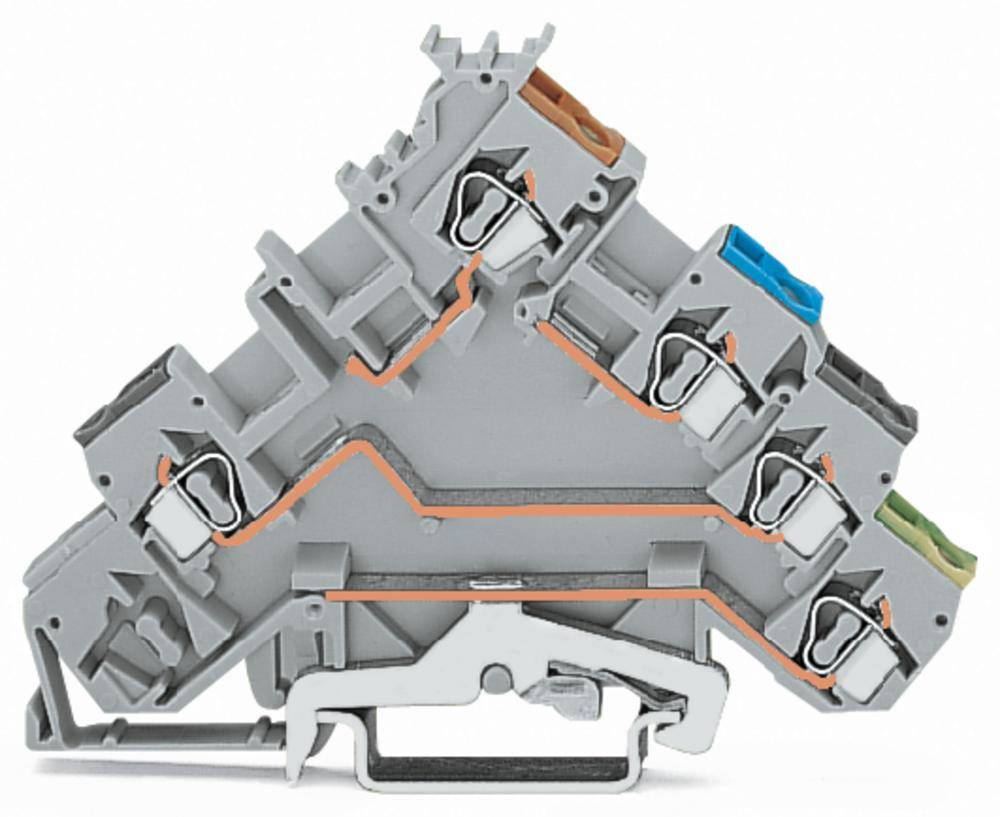Szürke csatlakozókapocs több fogadónyílással és színkódolt tartókkal elektromos vezetékekhez.