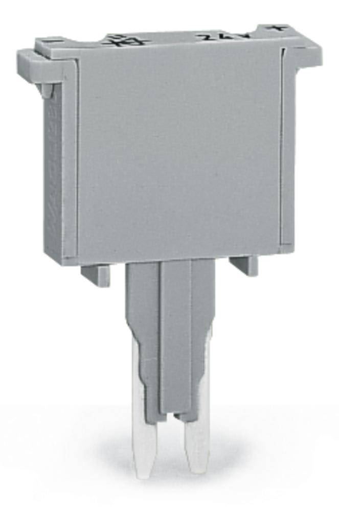 Szürke, kétpólusú átkötő (jumper) függőleges csatlakozókkal, amelyek elektromos áramkörökben lévő érintkezők összekötésére szolgálnak.