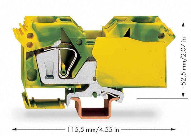 Sárga-zöld csatlakozókapocs metszeti modell méretmegadással: szélesség 115,5 mm (4,55 hüvelyk), magasság 52,5 mm (2,07 hüvelyk).
