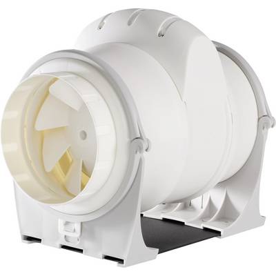 Egy fehér, hengeres szellőztető berendezés, forgólapátos ventilátorral, tartókonzolra szerelve, légáramlatok szabályozására szellőzőrendszerekben.