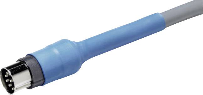 Egy kék, kerek csatlakozó öt fémcsappal, amely szürke kábellel van rögzítve.