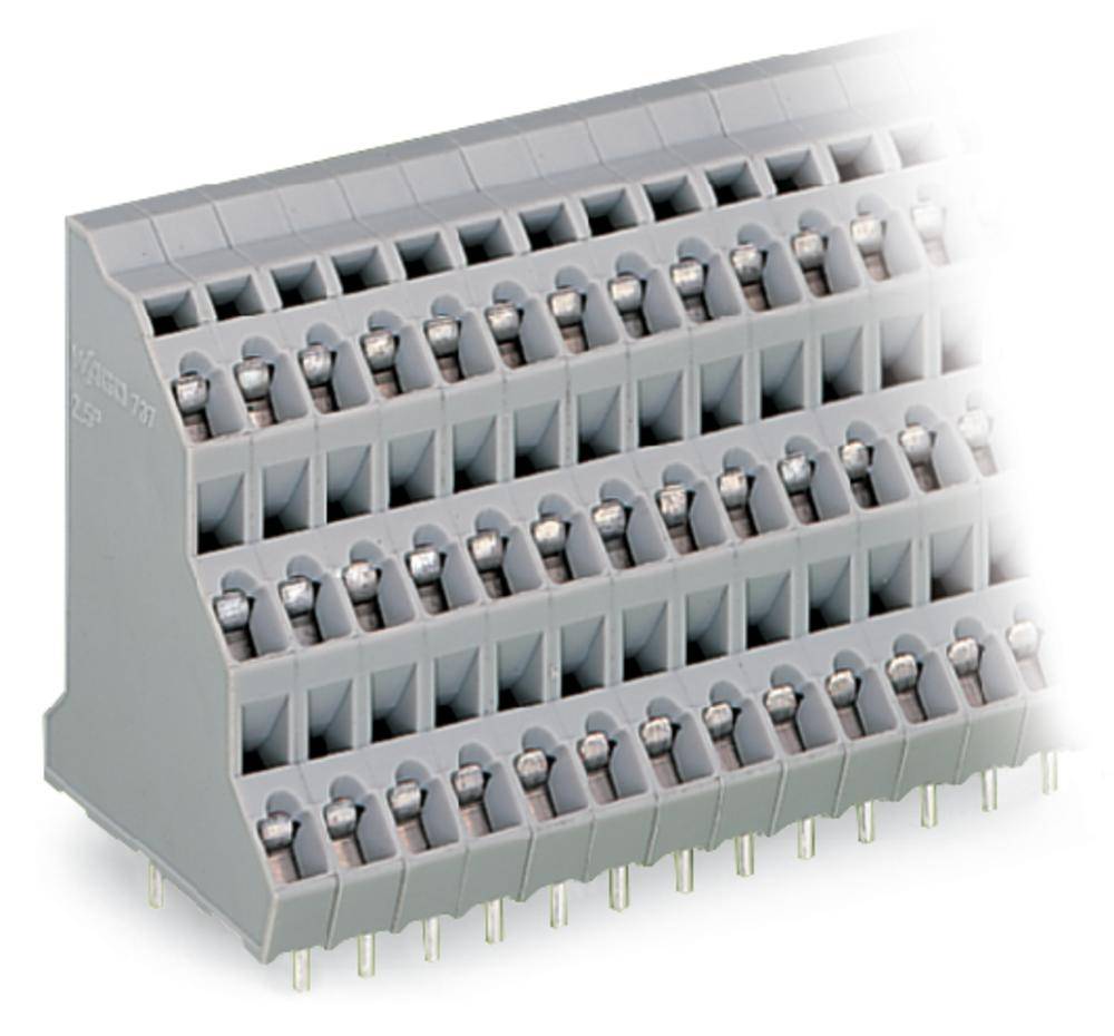 Szürke, többsoros csatlakozómodul sok csatlakozókapoccsal elektronikai kötésekhez. Az alsó oldalán fémcsapok találhatók.