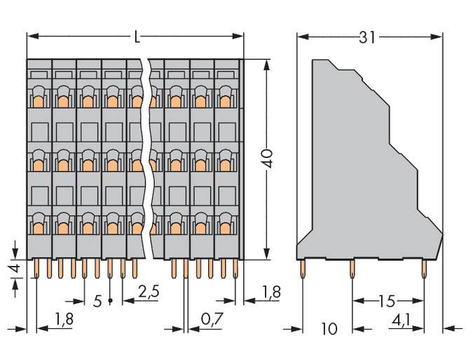 Egy elektronikai alkatrész méretezett diagramja: magasság 40 mm, szélesség 31 mm. Elölnézetet és oldalnézetet mutat csatlakozótűkkel.