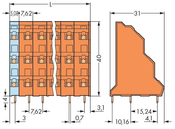 Csatlakozó diagram méretekkel milliméterben: mélység 31, magasság 40, szélesség 15,24, rácsméret opciók 5,08/7,62.