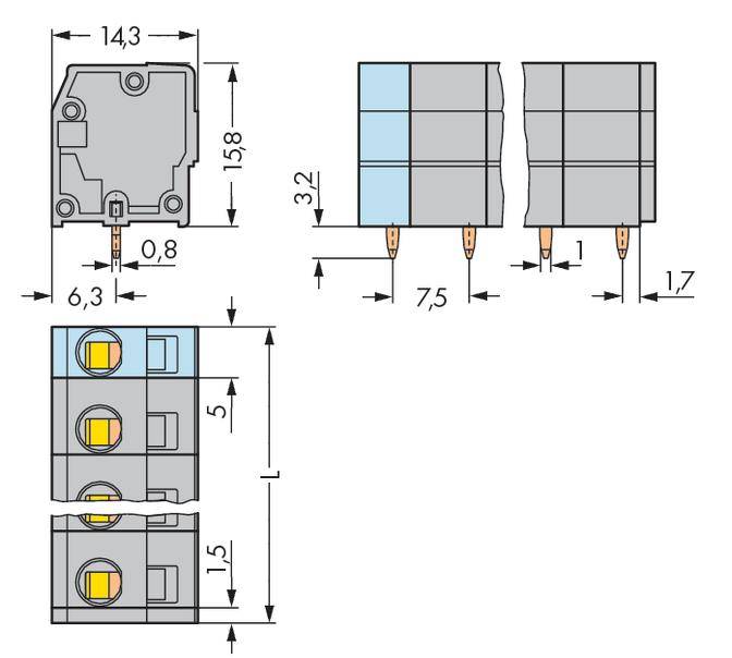 Elektronikai alkatrész műszaki rajza. Méretezve a következők szerint: 14,3 mm, 6,3 mm, 1,5 mm, 1,7 mm, 1,8 mm, 3,2 mm, 0,8 mm, 5 mm, 7,5 mm.