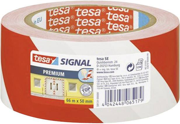 Veszély jelző szalag (H x Sz) 66 m x 50 mm, piros, fehér 58131-00-00 TESA, tartalom: 1 tekercs