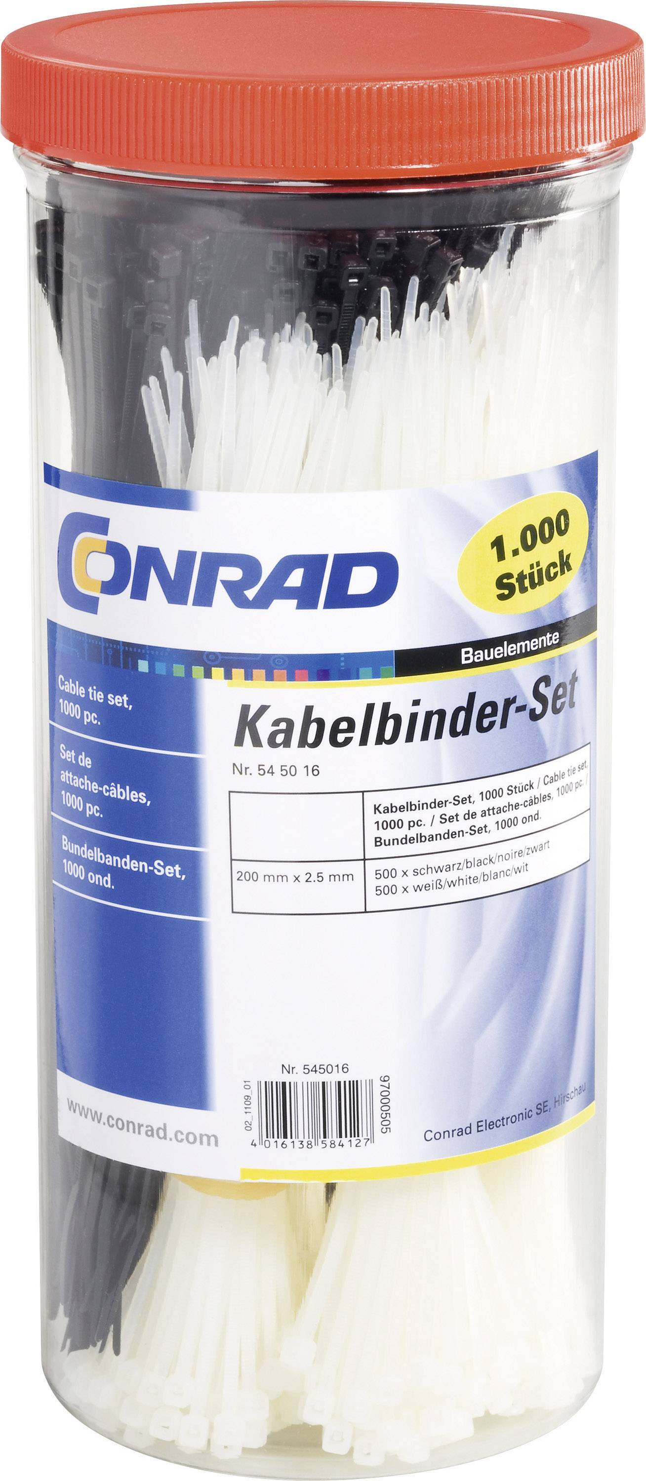 Kábelkötegelő készlet 200 x 2,5 mm, fekete, natúr, 1000 db, Tru Components 28530c209