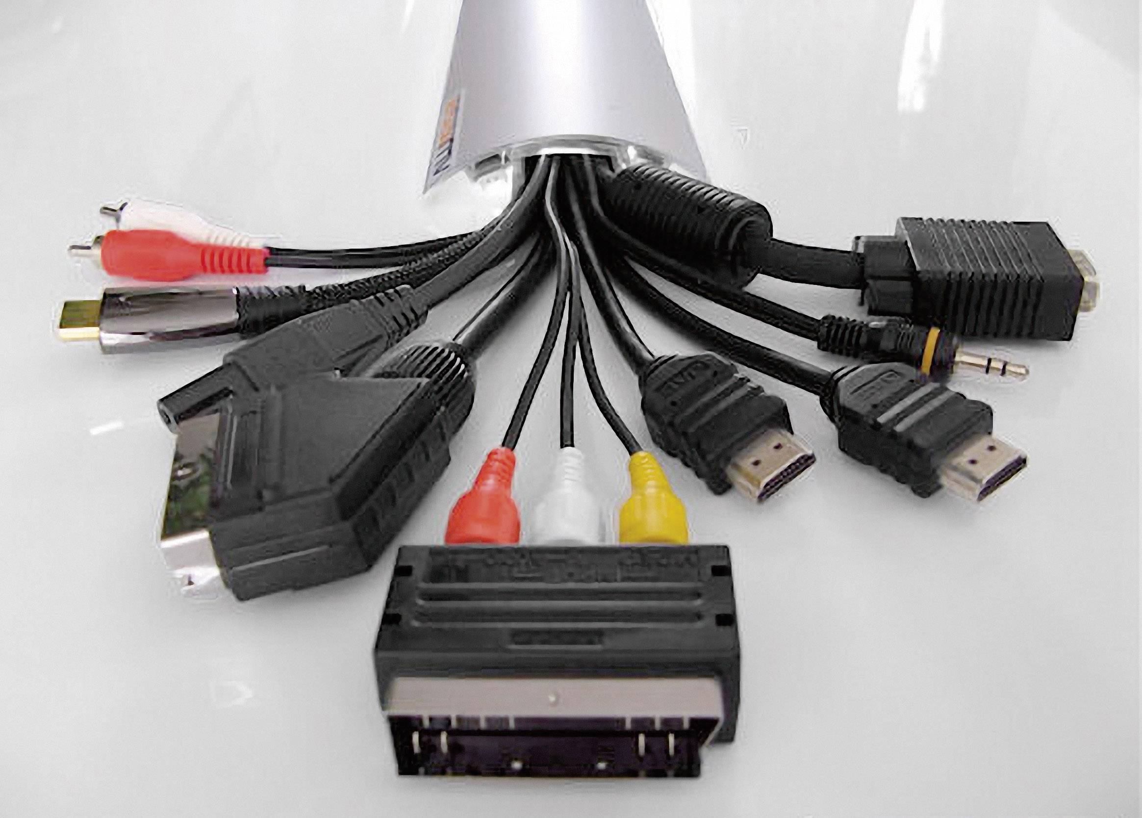 Különböző kábelek és csatlakozók, köztük HDMI, VGA és audió kábelek, amelyek egy központi eszközből indulnak ki.