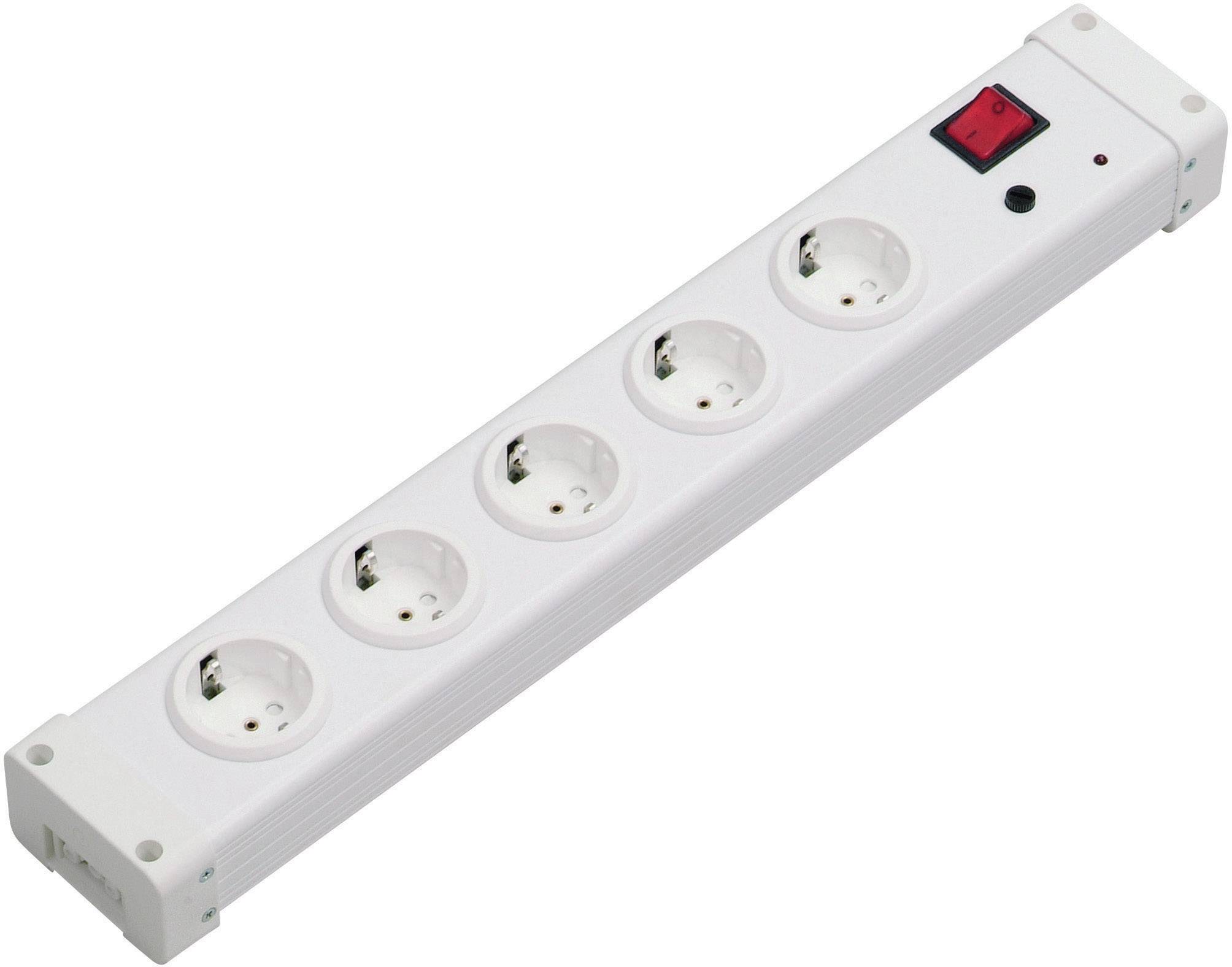Egy fehér elosztó öt csatlakozóhellyel és egy piros be-/kikapcsolóval. Alkalmas több készülék egyidejű csatlakoztatására.