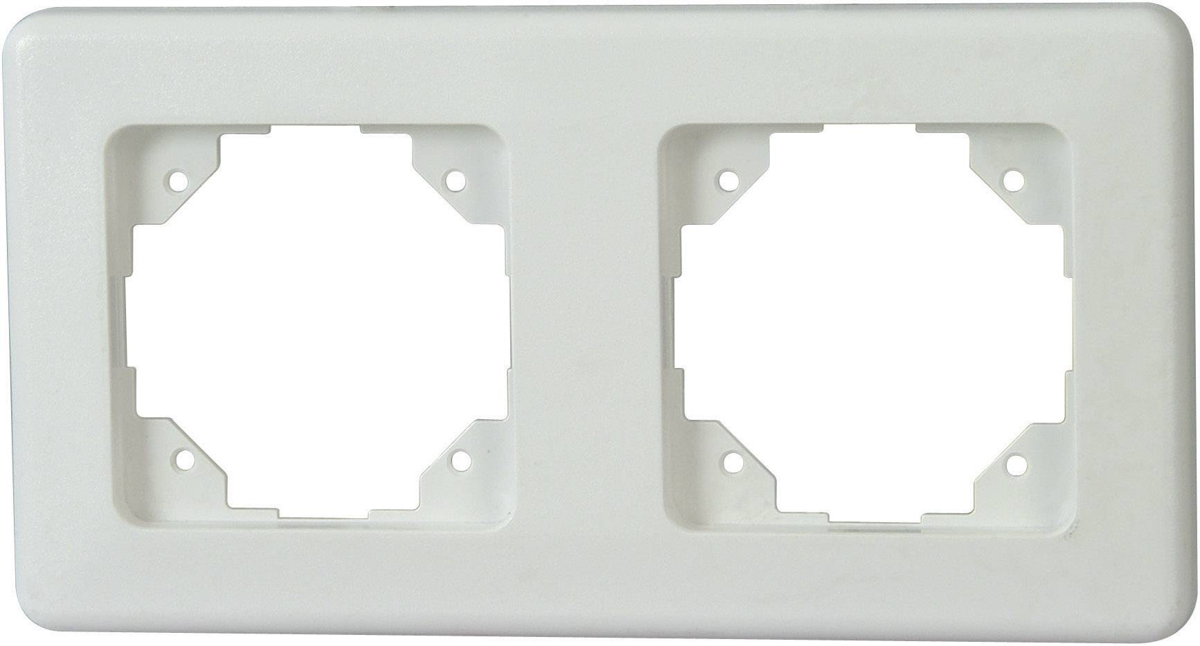 Fehér, kétrészes fali dugalj fedél, két nyílással, téglalap alakú, fali szerelésre alkalmas.