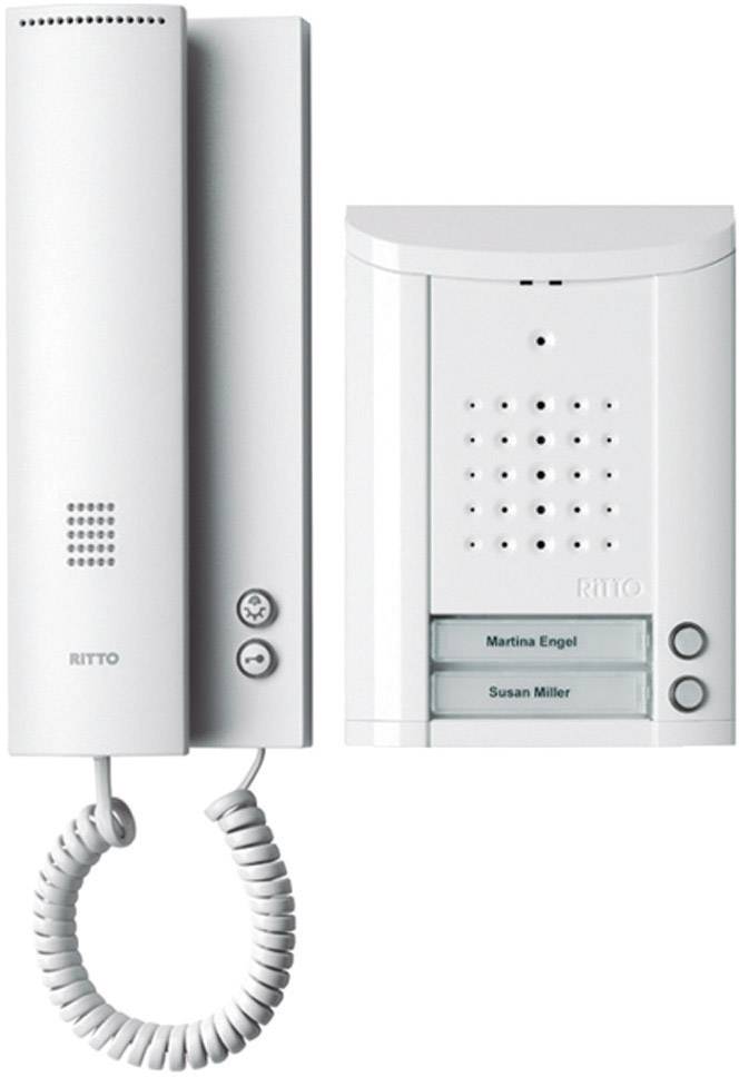 Egy fehér kaputelefon rendszer hallgatóval és két névtáblával: 'Martina Engel' és 'Susan Miller'.