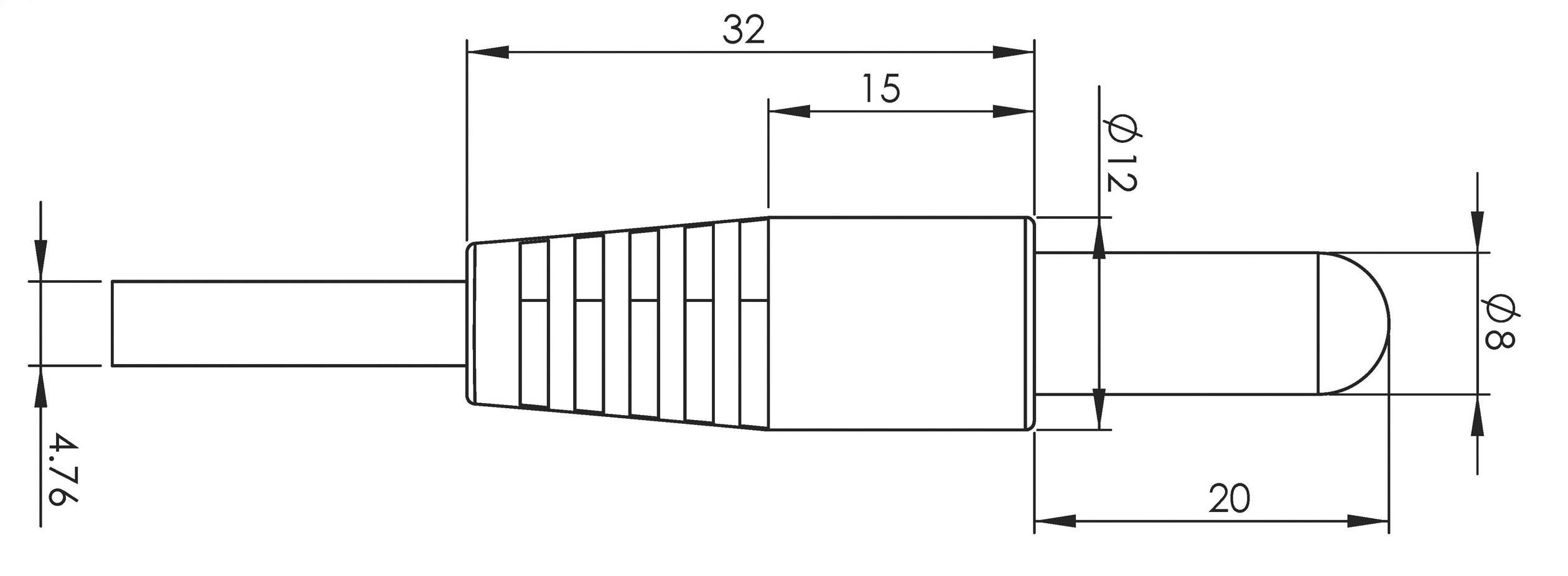 Műszaki rajz egy csatlakozóról, oldalnézet. Méretek: teljes hossz 32 mm, átmérő 12 mm és 8 mm, darabok hossza 15 mm és 20 mm.