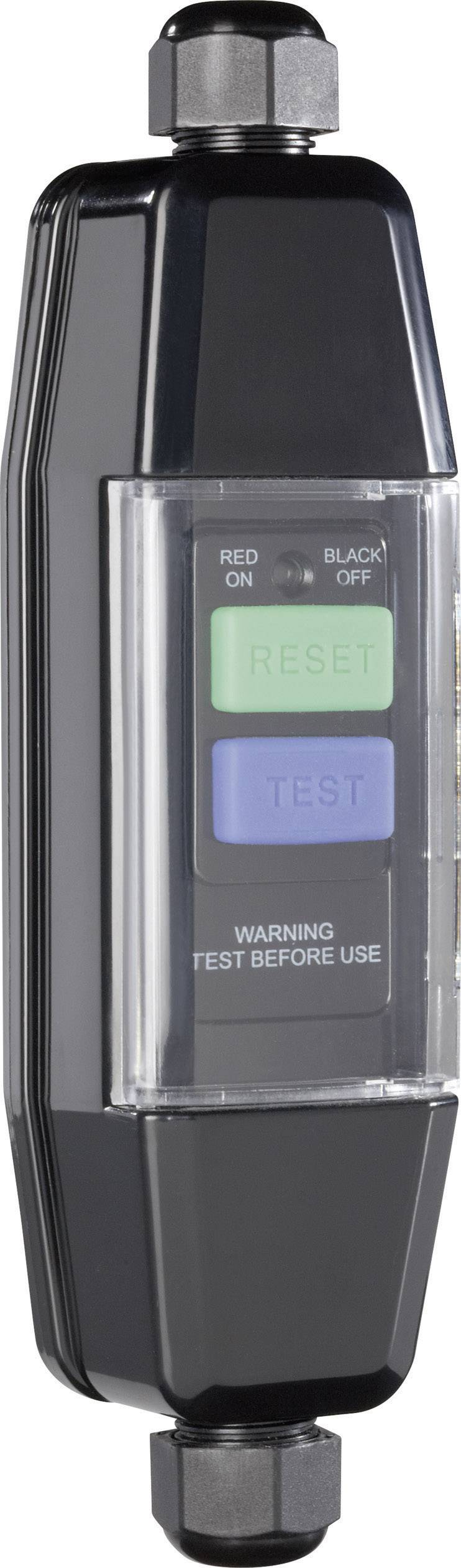 Egy fekete elektromos eszköz, amelynek 'Reset' és 'Test' gombjai vannak. Két LED jelzi a 'Piros bekapcsolt' és 'Fekete kikapcsolt' állapotot.