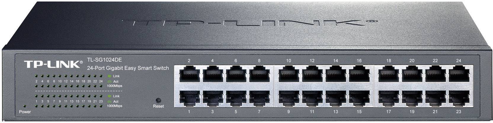 A TLP-Link TL-SG1024DE 24-portos Gigabit Easy Smart Switch hálózatkezelést kínál 24 Ethernet-porttal és állapotjelző LED-ekkel.