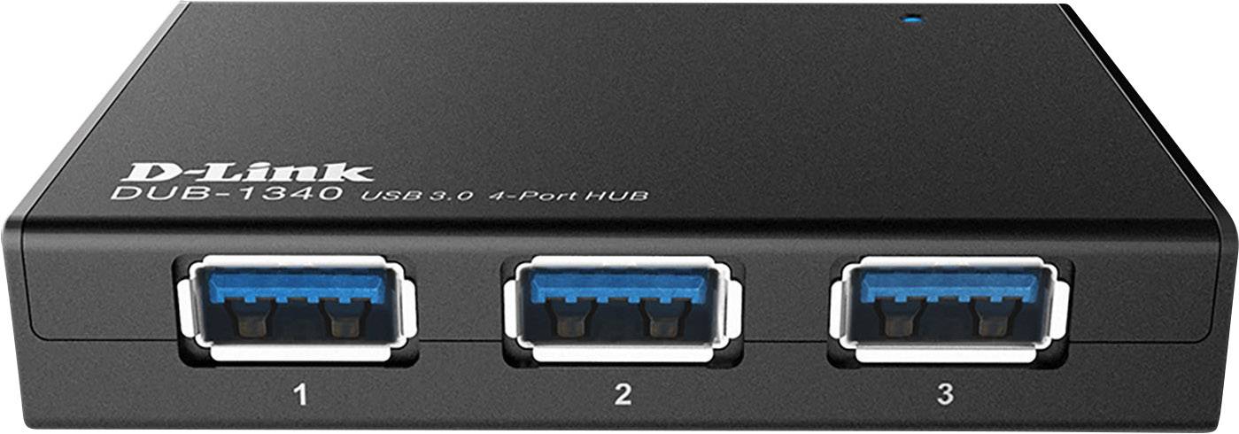 Egy fekete D-Link USB 3.0 elosztó, négy porttal, 1-től 3-ig számozva, több eszköz csatlakoztatásához.