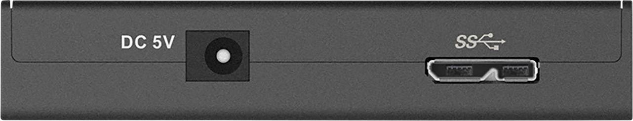 Fekete eszközpanel bal oldalán 'DC 5V' csatlakozóval és jobb oldalán 'USB SS' csatlakozóval.