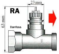 Műszaki rajz egy Danfoss RA szelepről méretekkel: magasság 63 mm, szélesség 23 mm, piros nyíl jelzi az áramlás irányát.