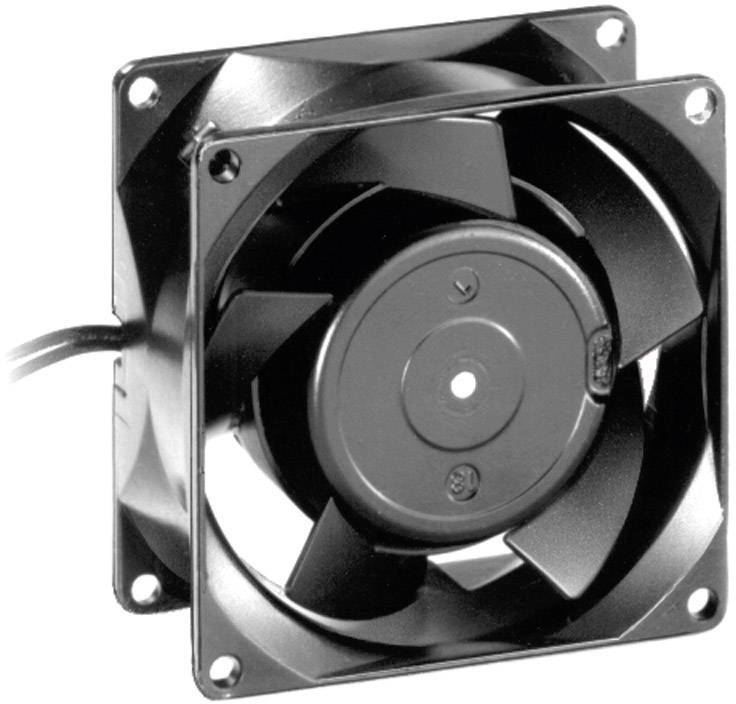 Egy fekete, négyzet alakú ventilátor öt lapáttal, amely egy fémkeretbe van szerelve. Egy kábel lóg ki oldalról.