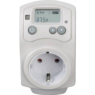 Digitális energiaköltség-mérő LCD kijelzőjén '37,5%' látható. Három gomb és egy csatlakozóaljzat helyezkedik el alatta.