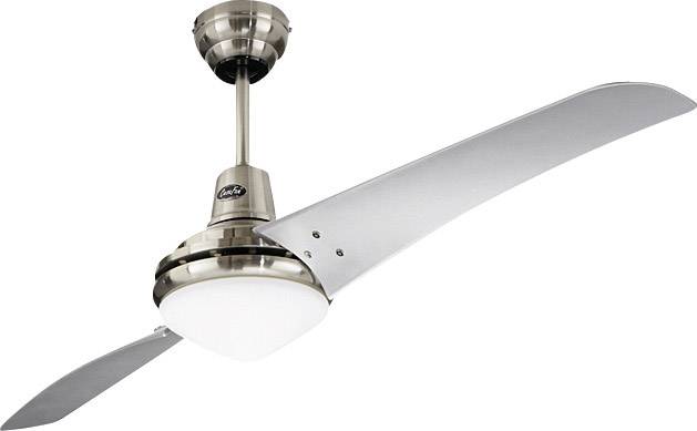 Egy mennyezeti ventilátor két hosszú, íves fémlapáttal és sima lámpával középen, modern dizájnt mutat.