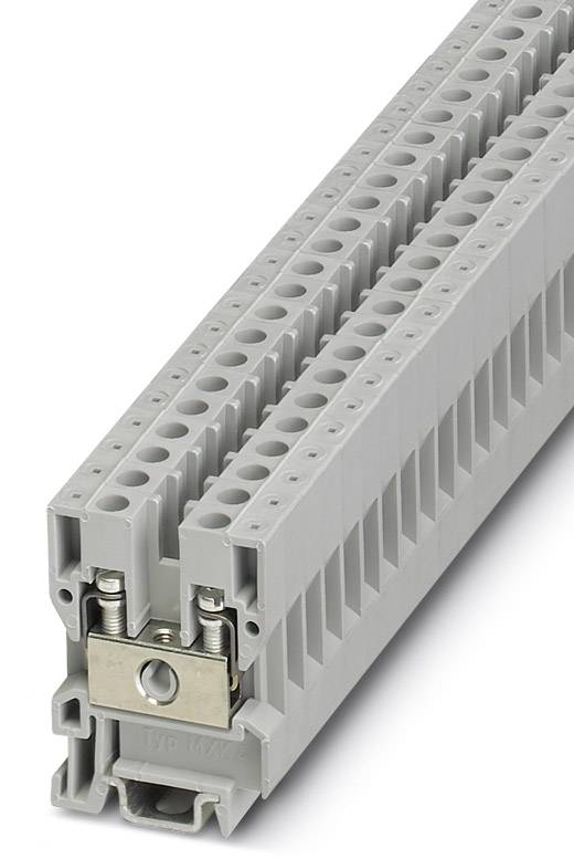 Szürke elektromos sorkapocs oldalnézetben, csavaros rögzítésre alkalmas, kettős sorral a csatlakozóvezetékekhez.