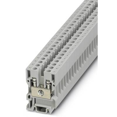 Szürke elektromos sorkapocs oldalnézetben, csavaros rögzítésre alkalmas, kettős sorral a csatlakozóvezetékekhez.