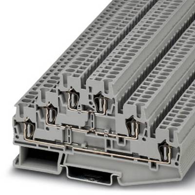 Több szintű, szürke DIN-sínre szerelhető sorkapocs, biztonságos bekötéshez elektromos elosztószekrényekben.