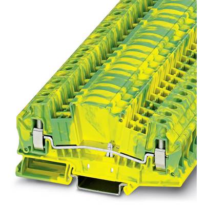 Sárga-zöld klemmpanel, több csatlakozóval és csavarral a huzalozáshoz, szigetelt szerkezet elektromos telepítésekhez.