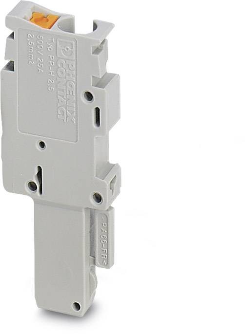 Egy szürke elektromos sorkapocs-adapter a Phoenix Contact gyártótól, alkalmas 500 V, 32 A, 25 mm²-es vezetékkeresztmetszethez, oldalán narancssárga elemekkel.