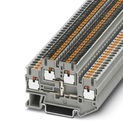Egy moduláris, szürke elektromos sorkapocs több réteggel és narancssárga emelőkarokkal a kábelek rögzítéséhez.