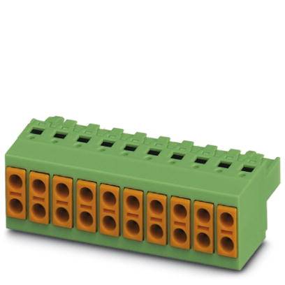 Zöld elektromos csatlakozó tíz narancssárga aljzattal, két sorban elrendezve. Elektromos szerelésekhez alkalmas.