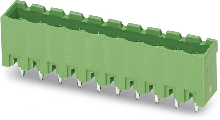Zöld elektronikai csatlakozó több érintkezővel, elektronikus eszközök nyomtatott áramköri lapjaira történő szerelésre alkalmas.