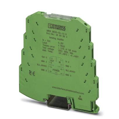 Phoenix Contact zöld sínre szerelhető modul műszaki specifikációkkal.