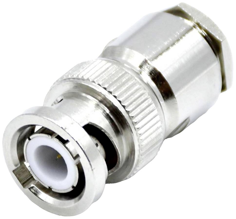 Ezüstös BNC-koaxiális csatlakozó fehér háttér előtt.