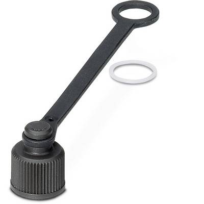 Egy fekete, hosszúkás palackdugó gyűrűvel és bordázott forgómechanizmussal, mellette egy fehér tömítőgyűrű.