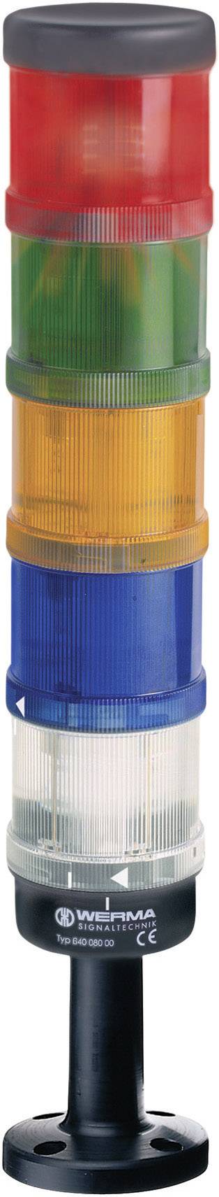 Jelzőoszlop öt színes modullal: fekete, zöld, sárga, piros és kék, fekete talapzaton.